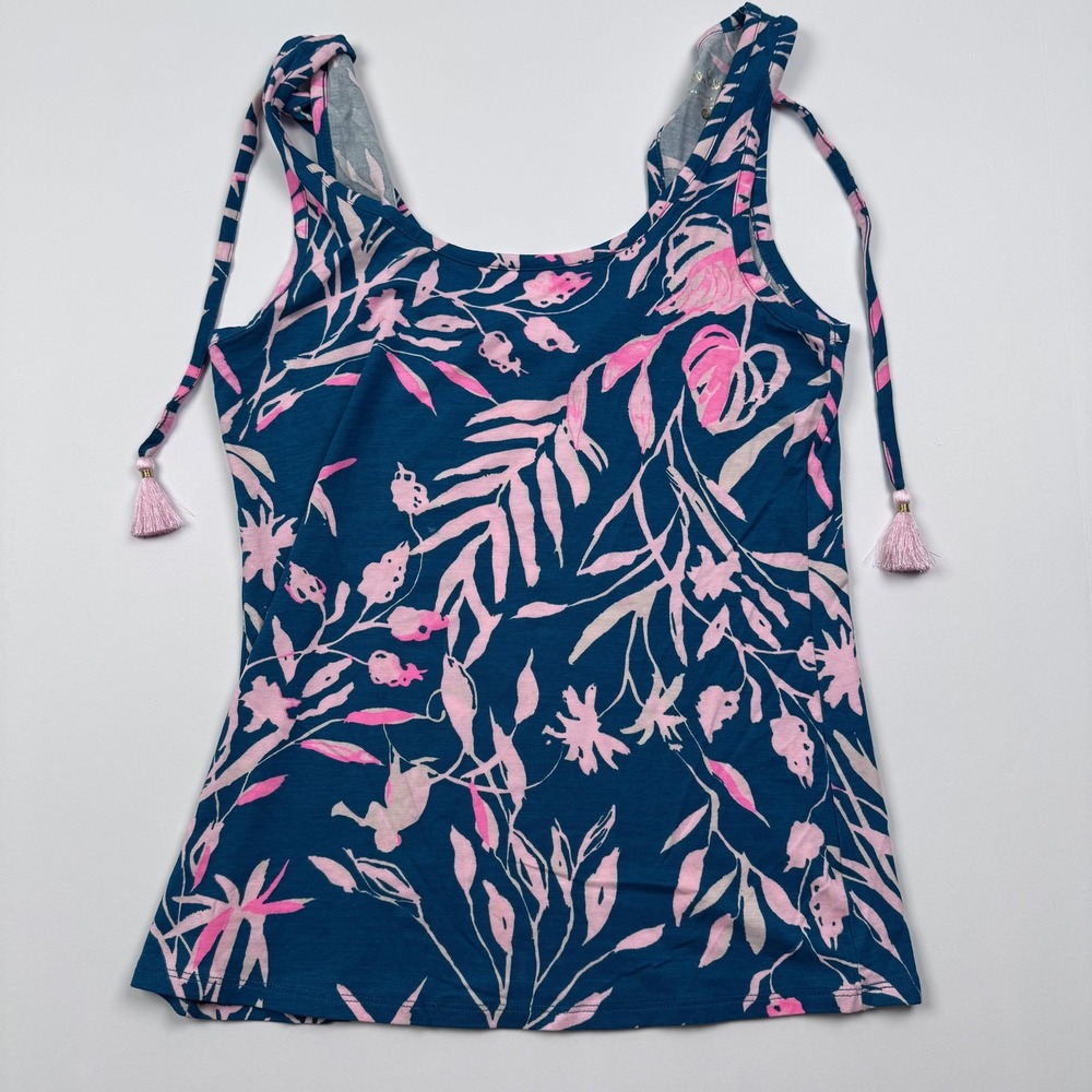 Lilly Pulitzer Shirt Womens XS Blue Pink Tropical Floral Tassel Tank Top
